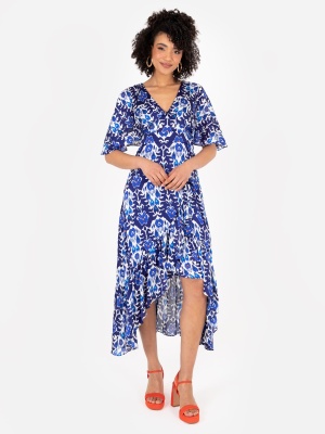 Lovedrobe Blue Cape Sleeve High-Low Midi Dress