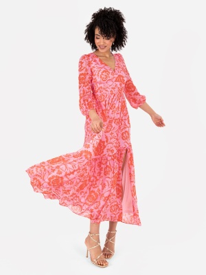 Lovedrobe Pink Floral Long Sleeve Maxi Dress With Self-Tie Back - Wholesale Pack