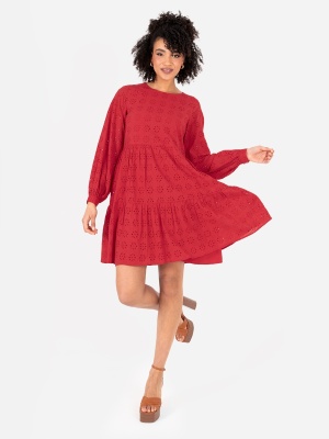 Lovedrobe Red Long Sleeve Broderie Smock Dress- Wholesale Pack
