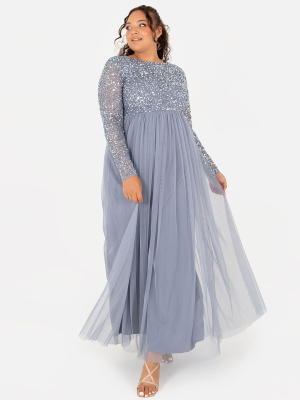 Maya Dusty Blue Embellished Long Sleeve Maxi Dress - PULS SIZE Wholesale Pack