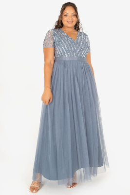 Maya Dusty Blue Stripe Embellished Maxi Dress With Sash Belt - PLUS SIZE Wholesale Pack