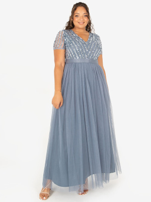 Maya Dusty Blue Stripe Embellished Maxi Dress With Sash Belt - PLUS SIZE Wholesale Pack