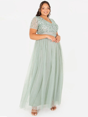 Maya Sage Green Stripe Embellished Maxi Dress With Sash Belt - PLUS SIZE Wholesale Pack