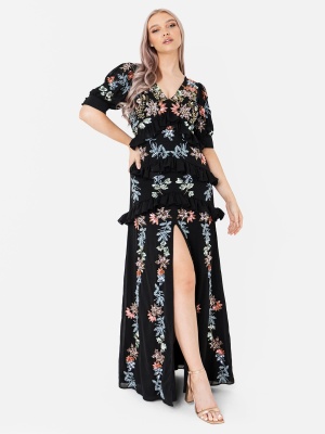 Maya Floral Embellished Black Maxi Dress with Front Split