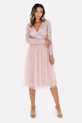 Maya Frosted Pink Faux Wrap Embellished Long Sleeve Midi Dress - STRAIGHT SIZE Wholesale Pack