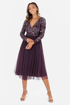 Maya Berry Faux Wrap Embellished Long Sleeve Midi Dress - STRAIGHT SIZE Wholesale Pack
