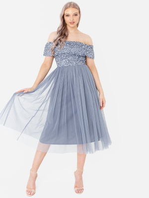 Maya Dusty Blue Bardot Embellished Midi Dress - STRAIGHT SIZE Wholesale Pack