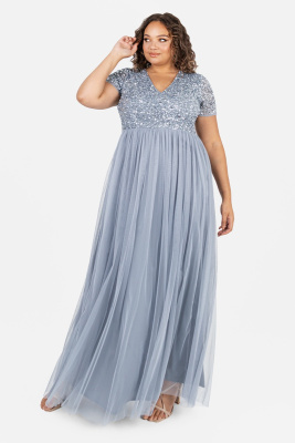  Maya Dusty Blue V Neckline Embellished Maxi Dress - PLUS SIZE Wholesale Pack
