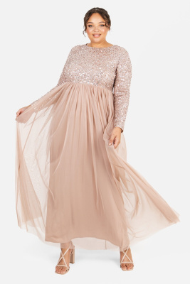 Maya Taupe Blush Embellished Long Sleeve Maxi Dress - PLUS SIZE Wholesale Pack