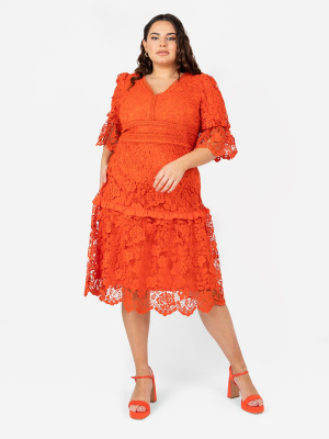 Lovedrobe Luxe Orange Lace Midi Dress with Puff Sleeves - Wholesale Pack